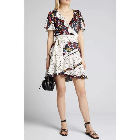 TANYA TAYLOR Bianka Combo Silk Wrap Dress Womens 8 Floral Polka Dot Ruffle Wrap - Picture 2 of 16